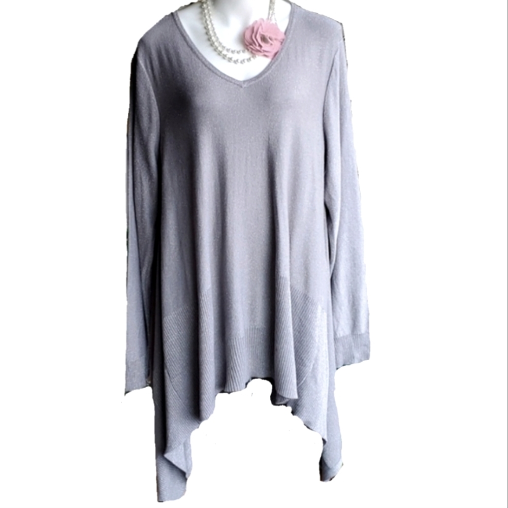 Cupio Silver Metallic Knit Vneckline Festive Long Tunic Sweater Size 2 X